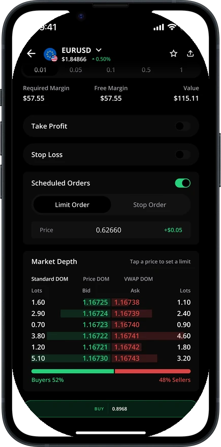 Order screen with market depth