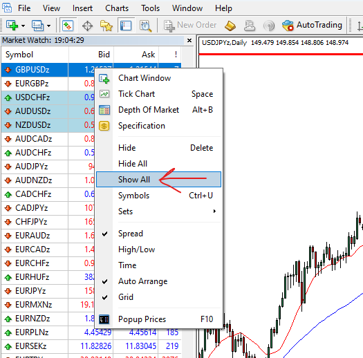 Finding USDCAD on the trading platform
