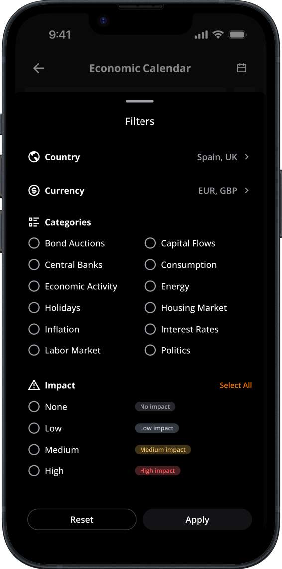 Economic calendar filters screen